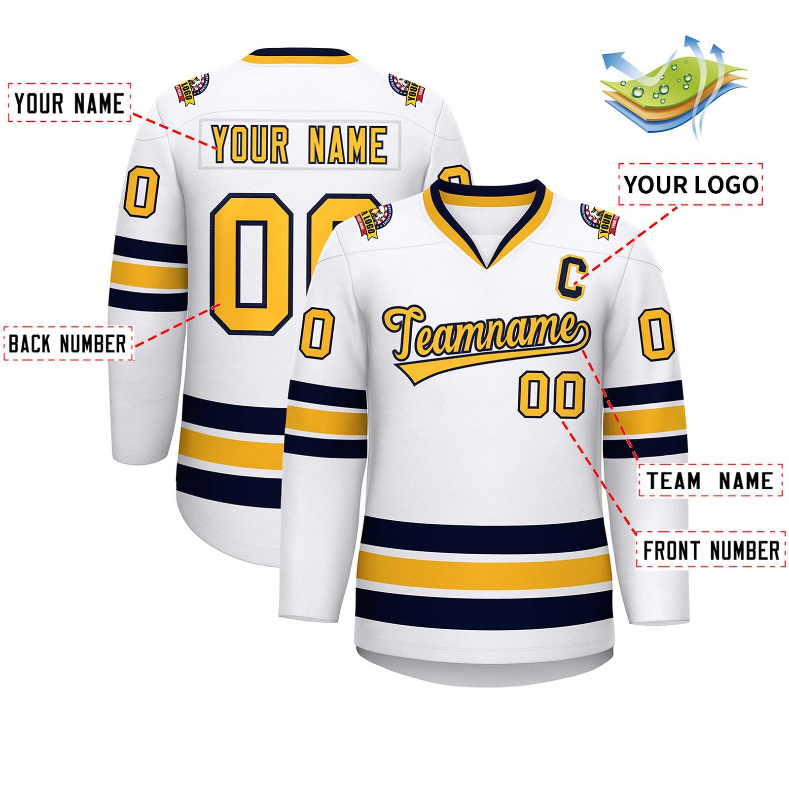 Custom White Gold-Navy Classic Style Hockey Jersey