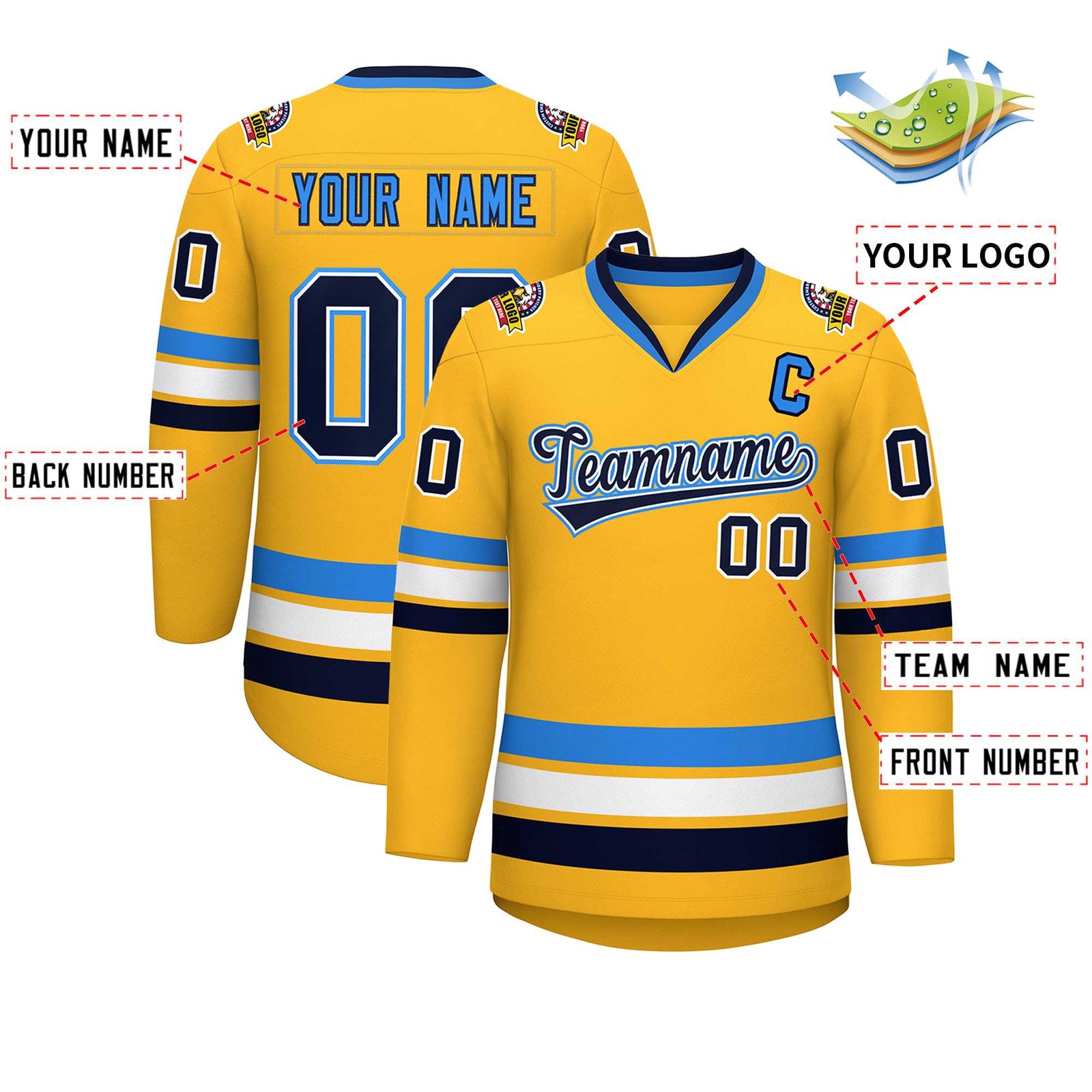 Custom Gold Navy White-Powder Blue Classic Style Hockey Jersey