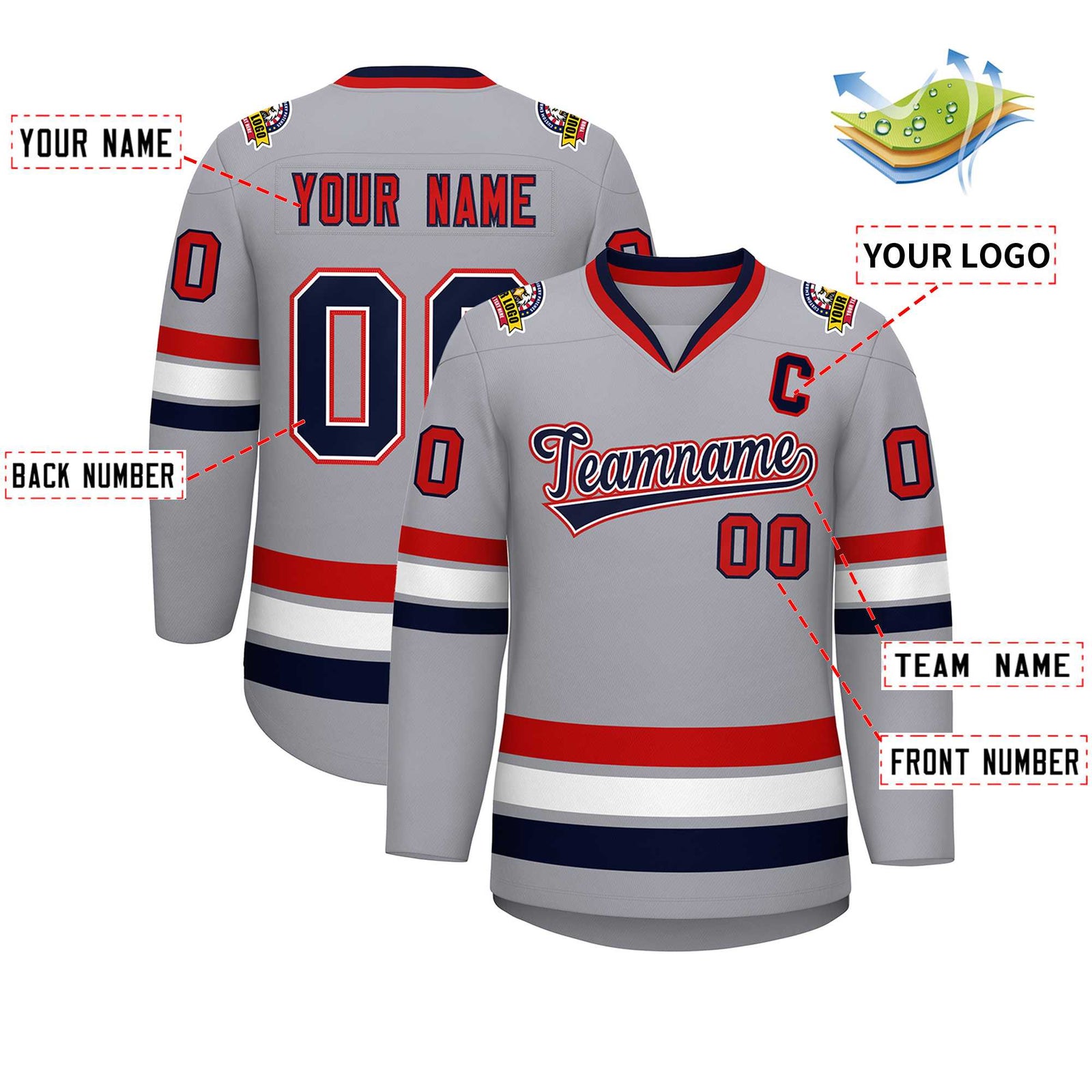 Custom Gray Navy White-Red Classic Style Hockey Jersey