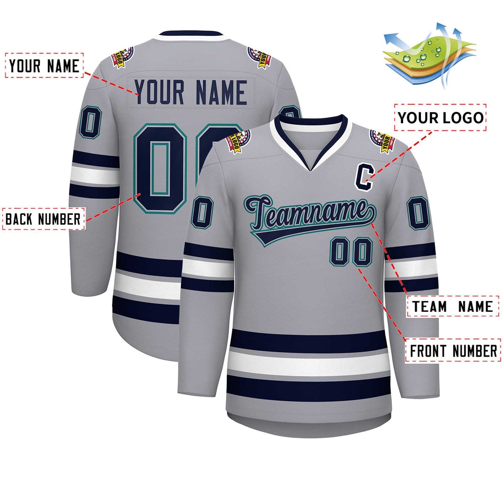 Custom Gray Navy Gray-Aqua Classic Style Hockey Jersey