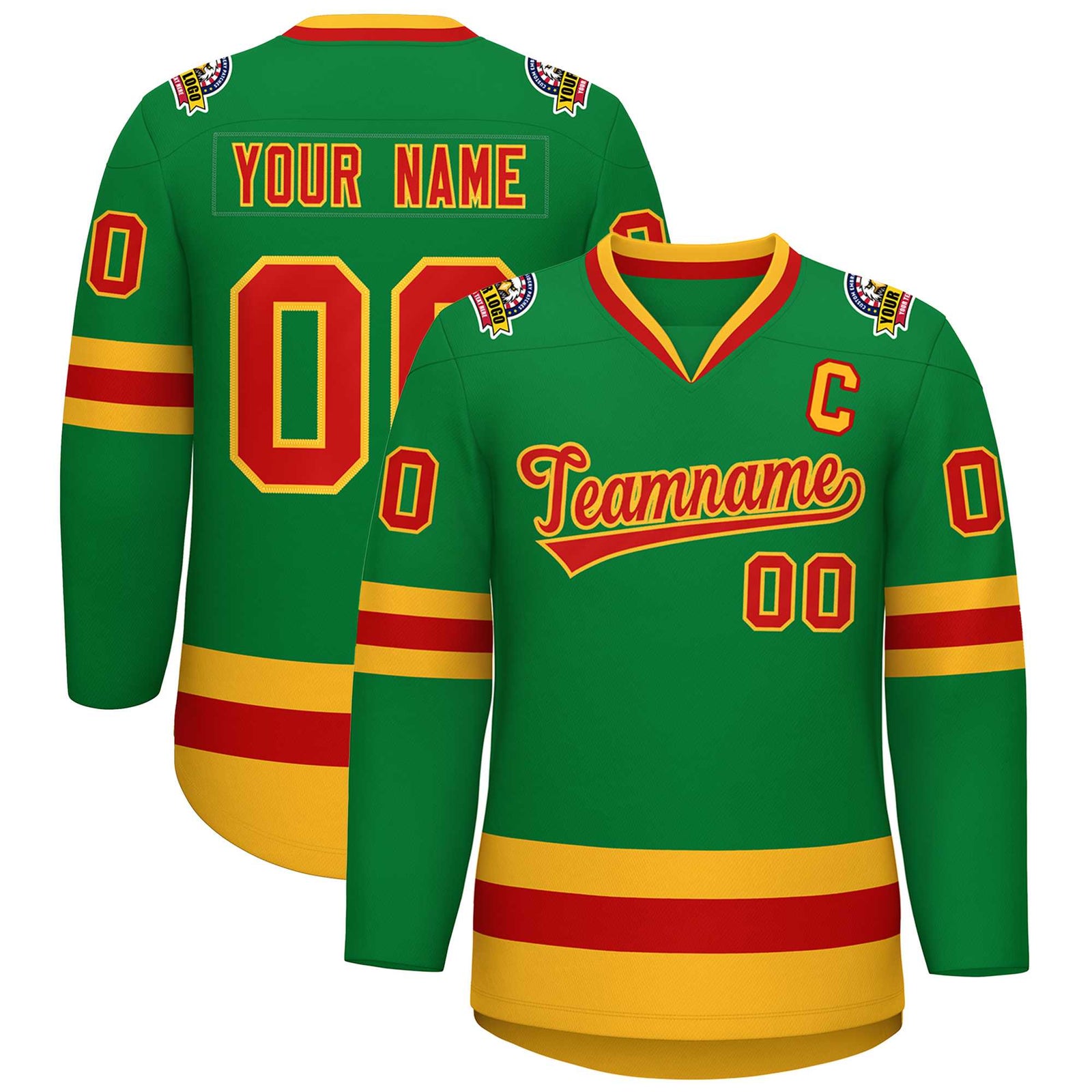 Custom Kelly Green Red-Gold Classic Style Hockey Jersey