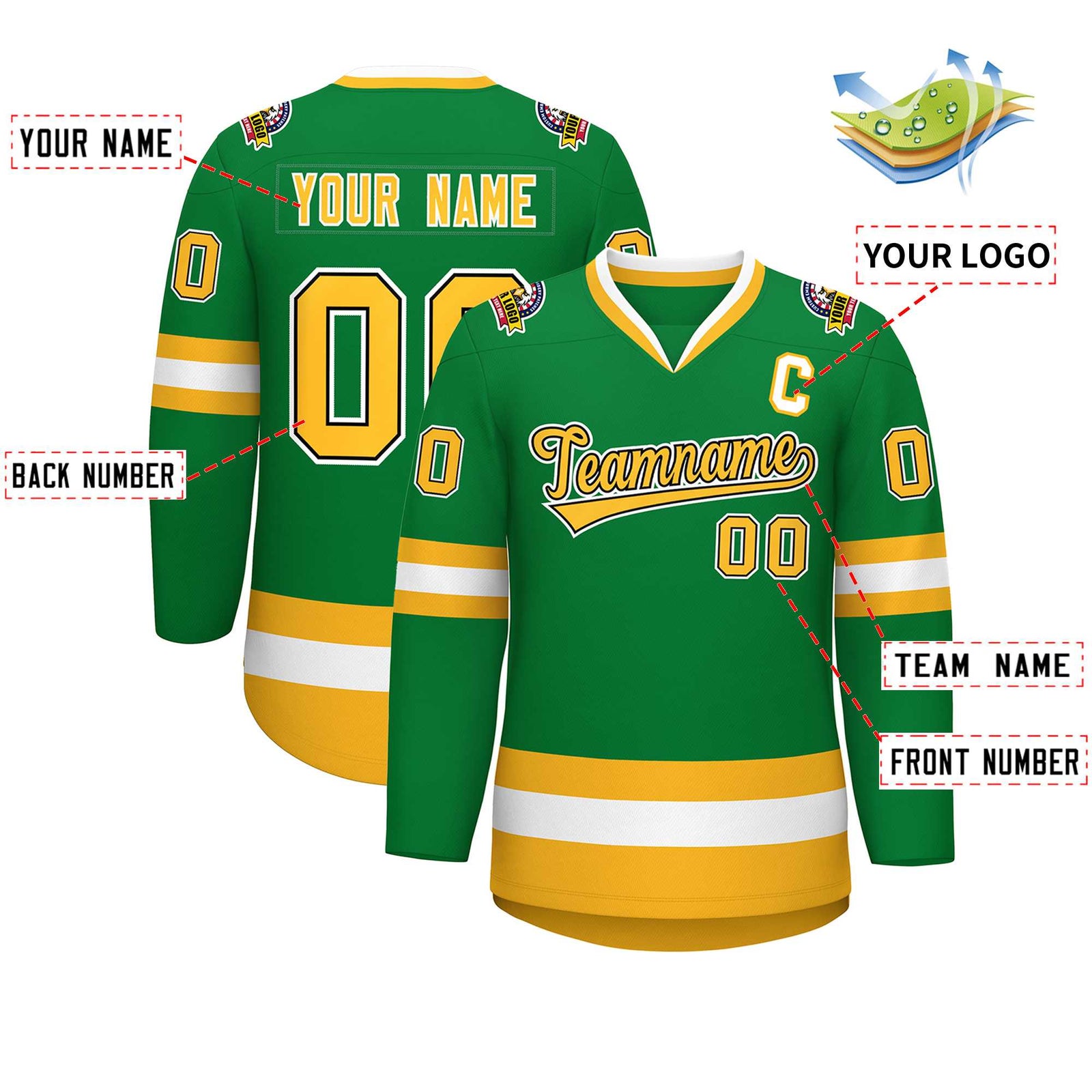 Custom Kelly Green Gold Black-White Classic Style Hockey Jersey