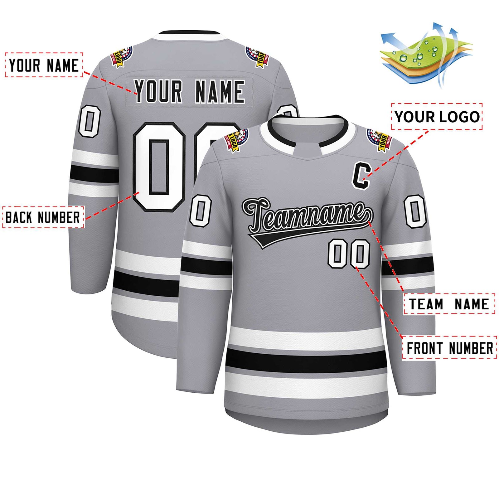 Custom Gray Black White-Black Classic Style Hockey Jersey