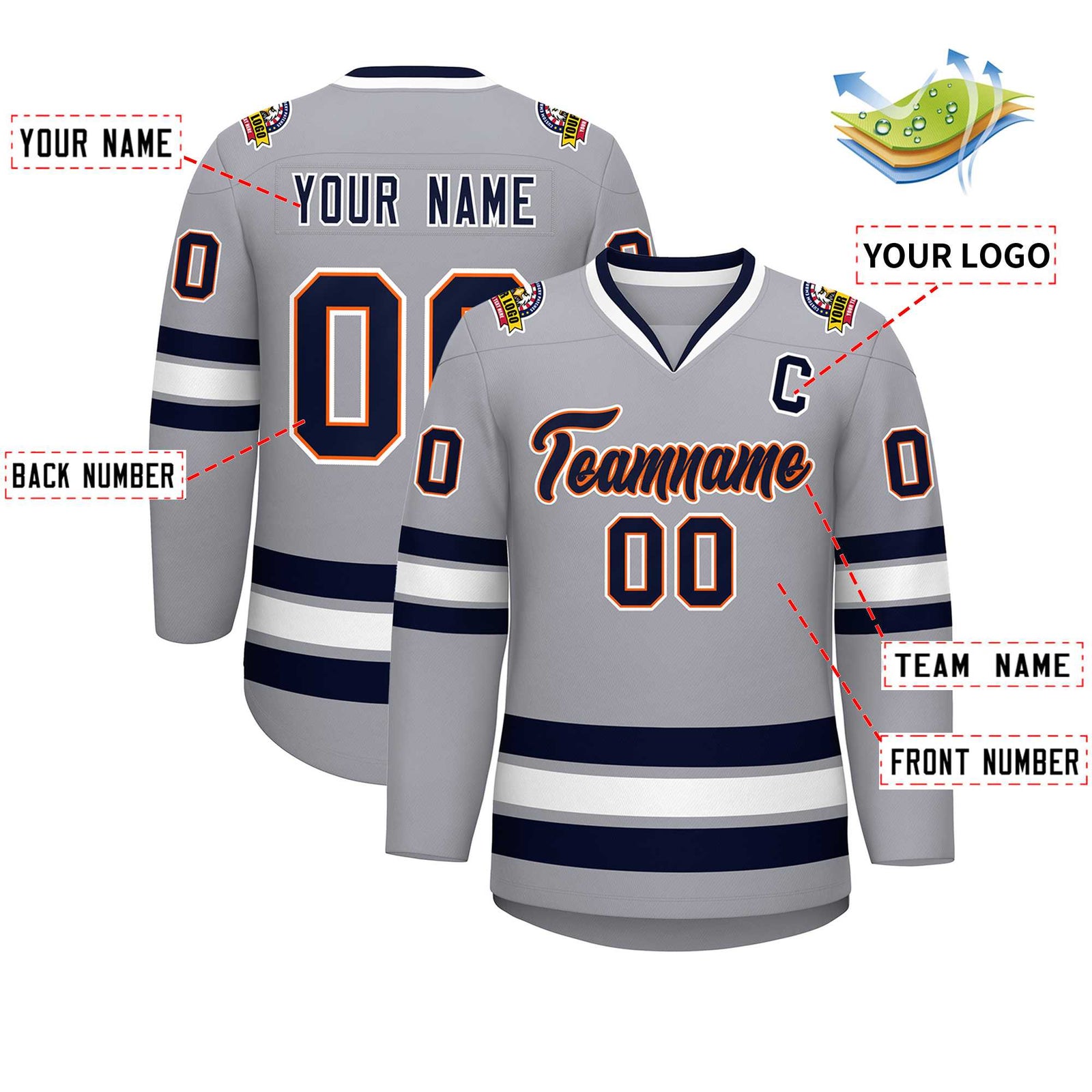 Custom Gray Navy Orange-White Classic Style Hockey Jersey