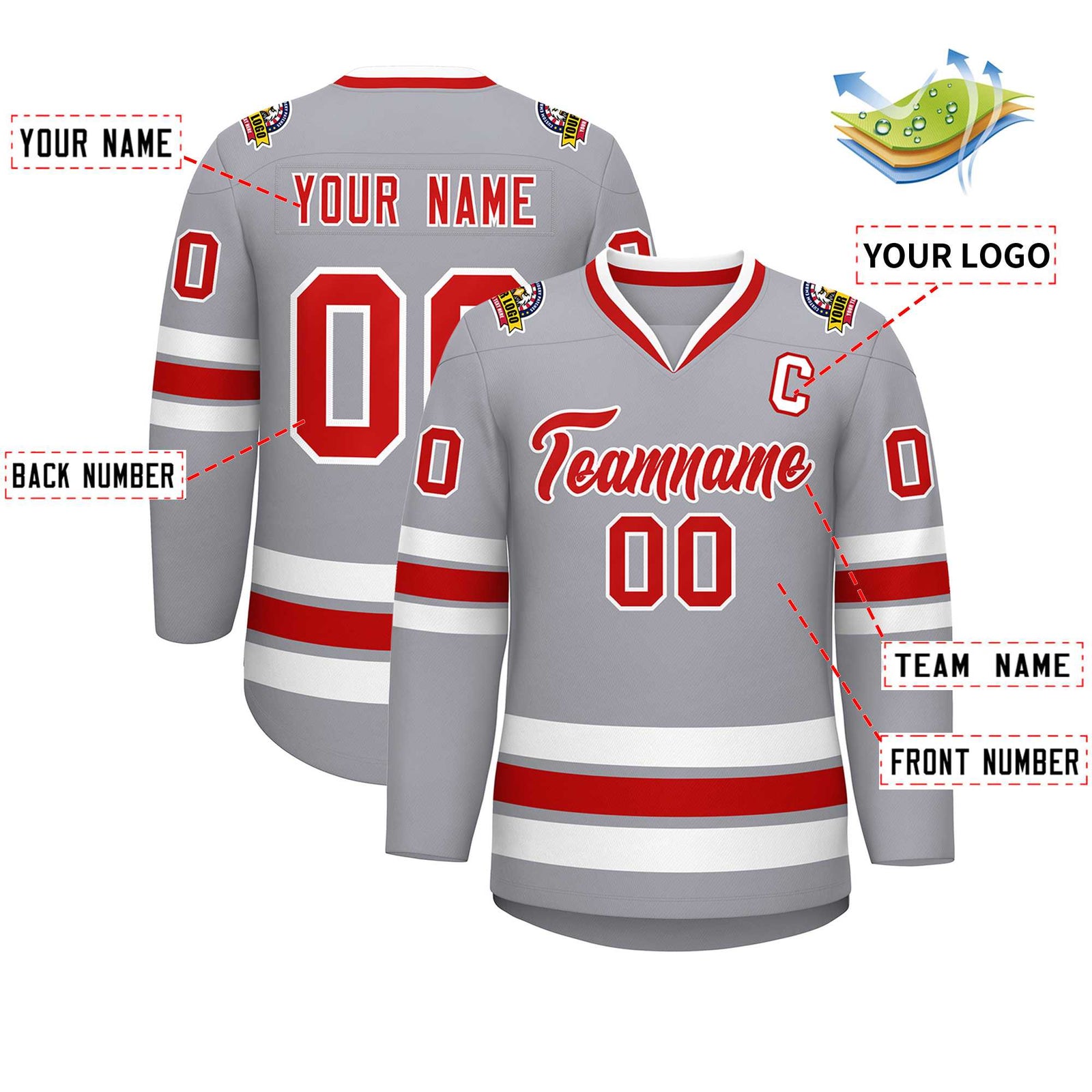 Custom Gray Red-White Classic Style Hockey Jersey