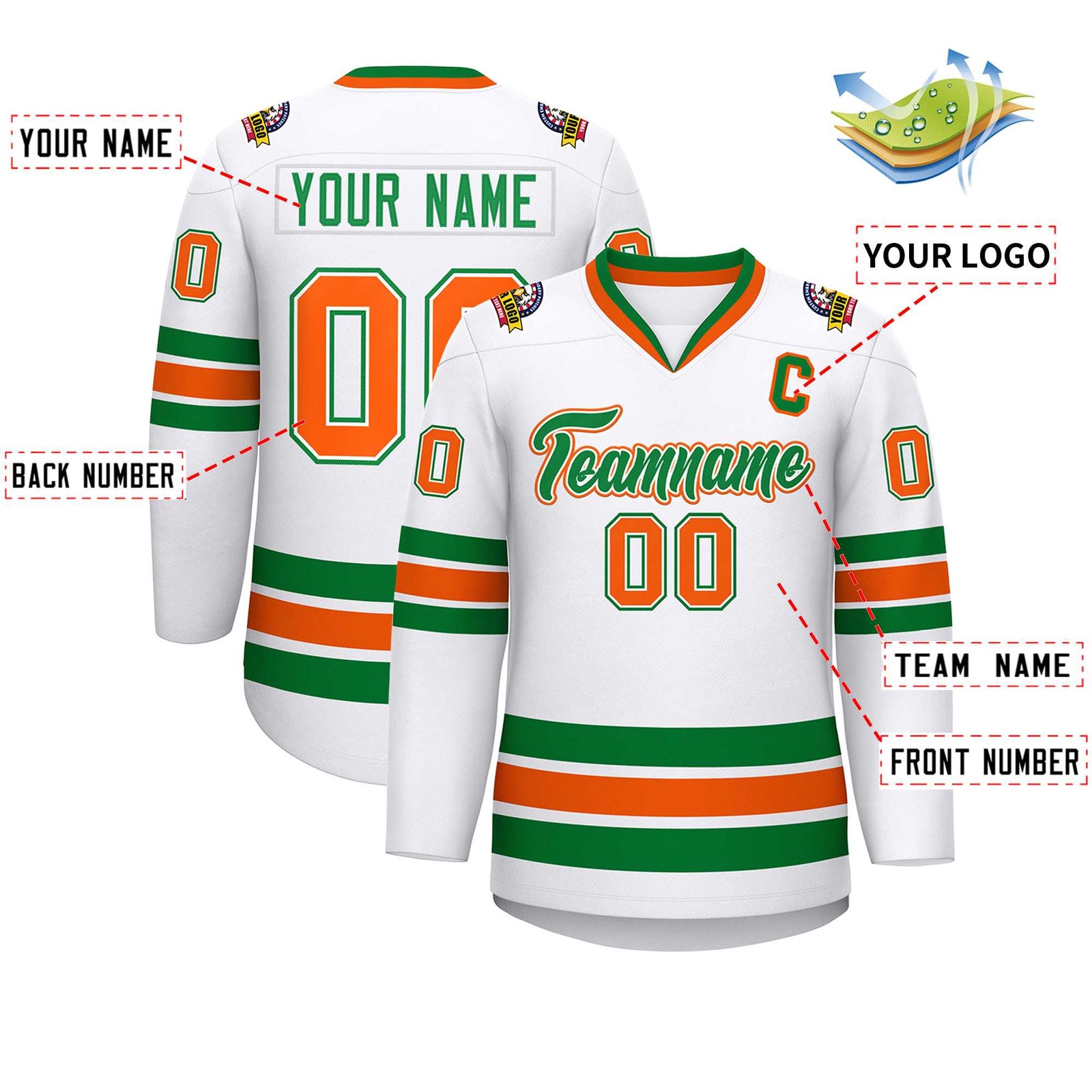 Custom White Kelly Green White-Orange Classic Style Hockey Jersey
