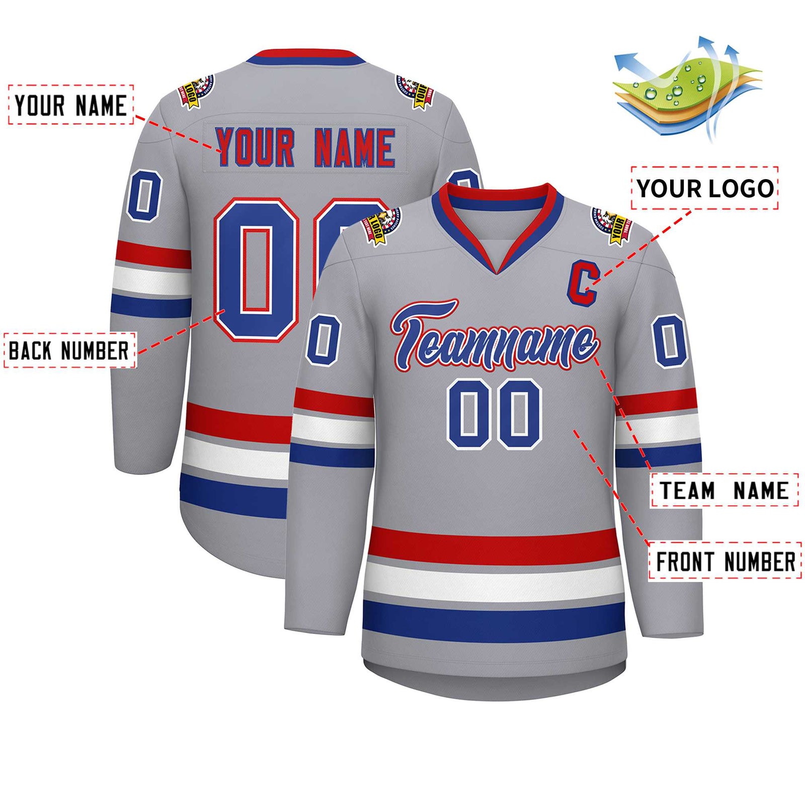 Custom Gray Royal White-Red Classic Style Hockey Jersey