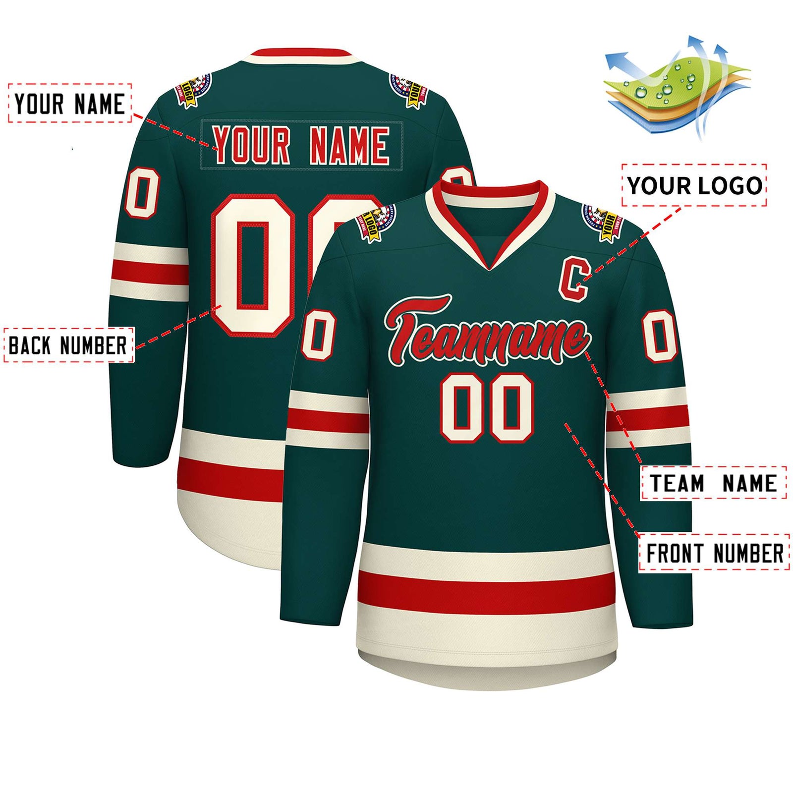 Custom Midnight Green Red Midnight Green-Khaki Classic Style Hockey Jersey