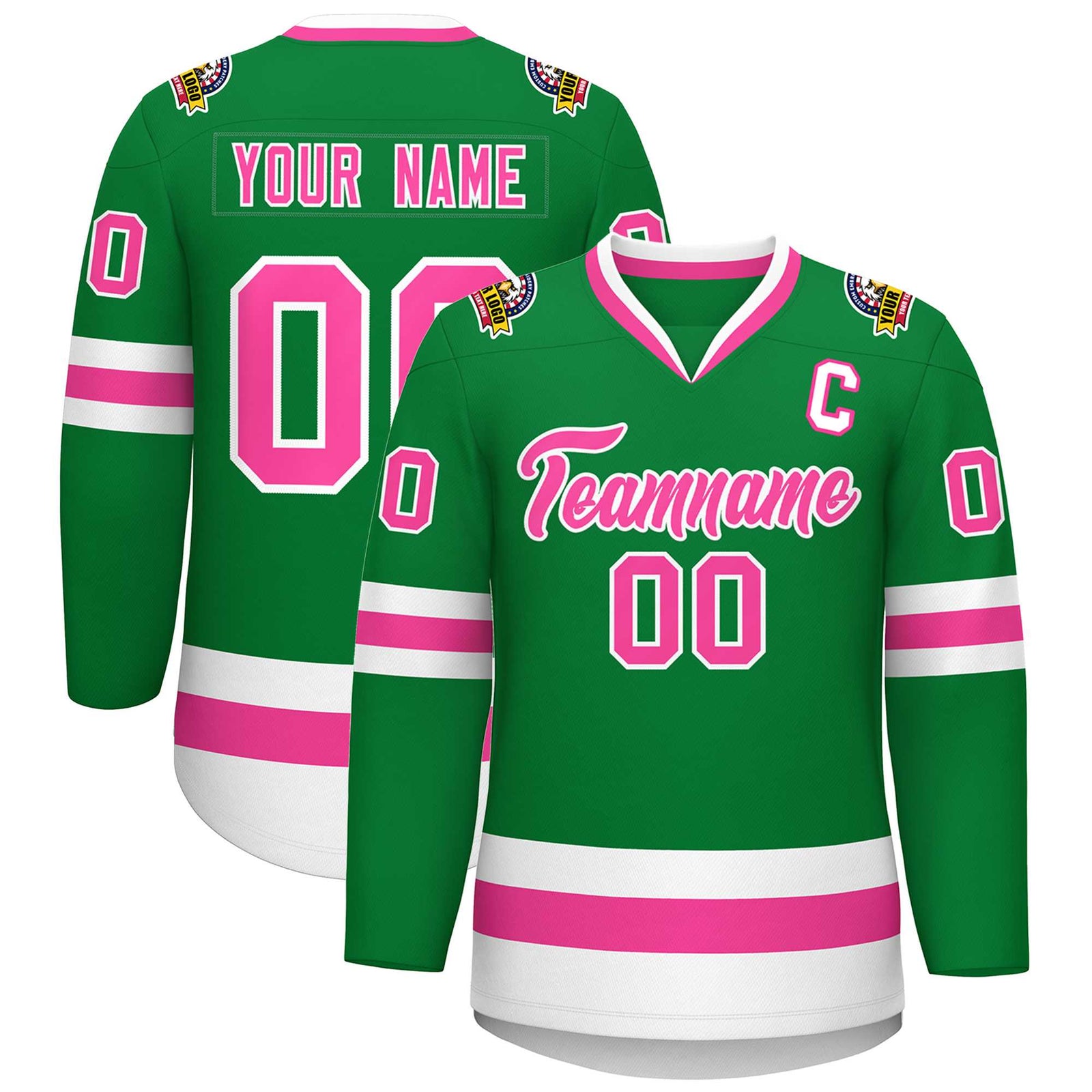 Custom Kelly Green Pink-White Classic Style Hockey Jersey