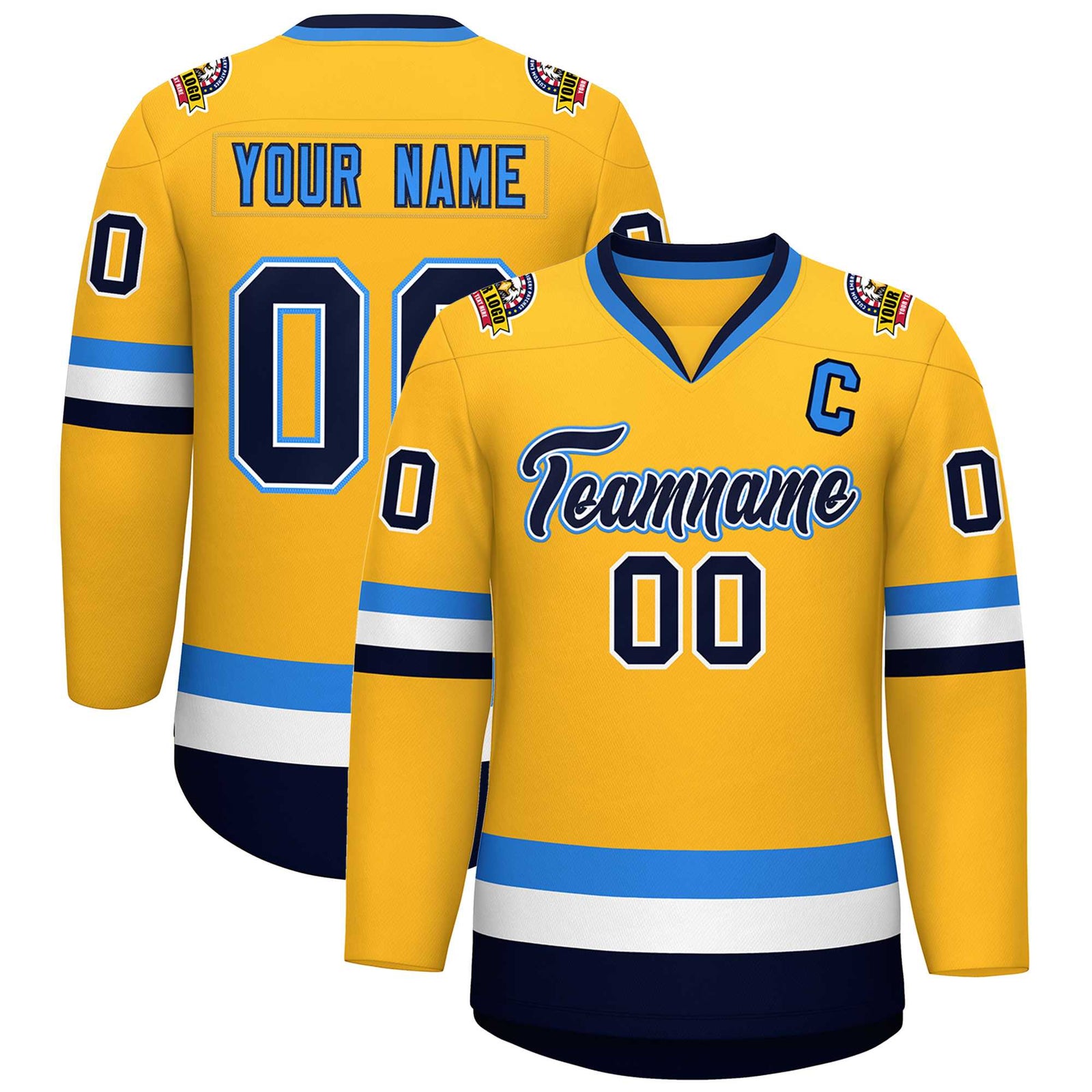 Custom Gold Navy White-Powder Blue Classic Style Hockey Jersey