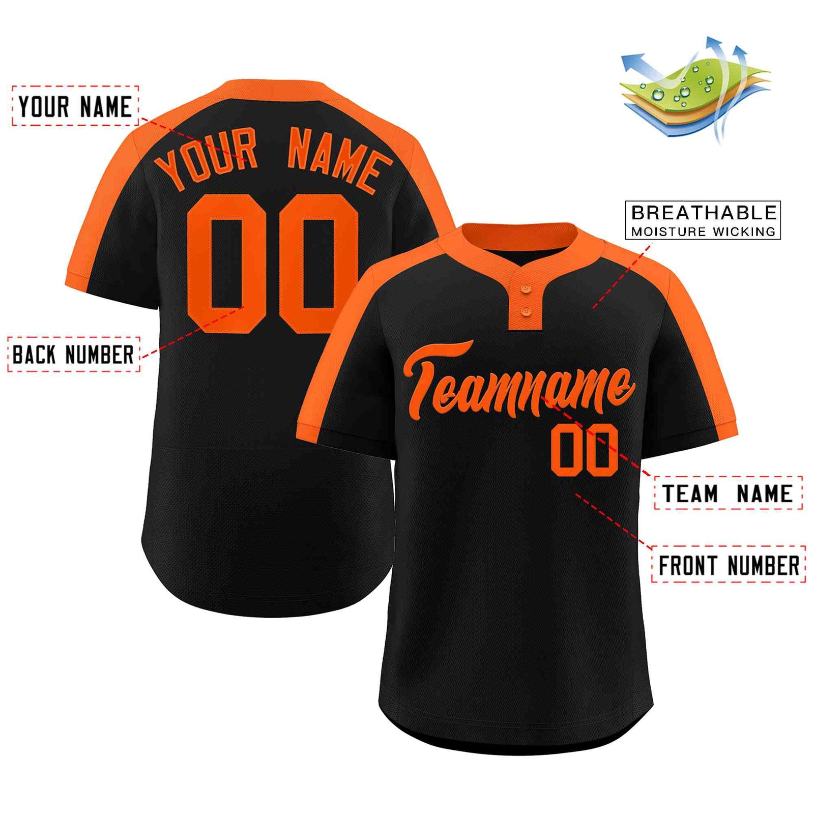 Custom Black Orange Classic Style Authentic Two-Button Softball Jersey