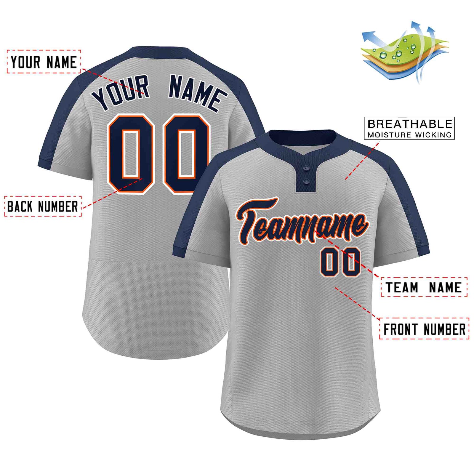 Custom Gray Navy-Orange Classic Style Authentic Two-Button Softball Jersey