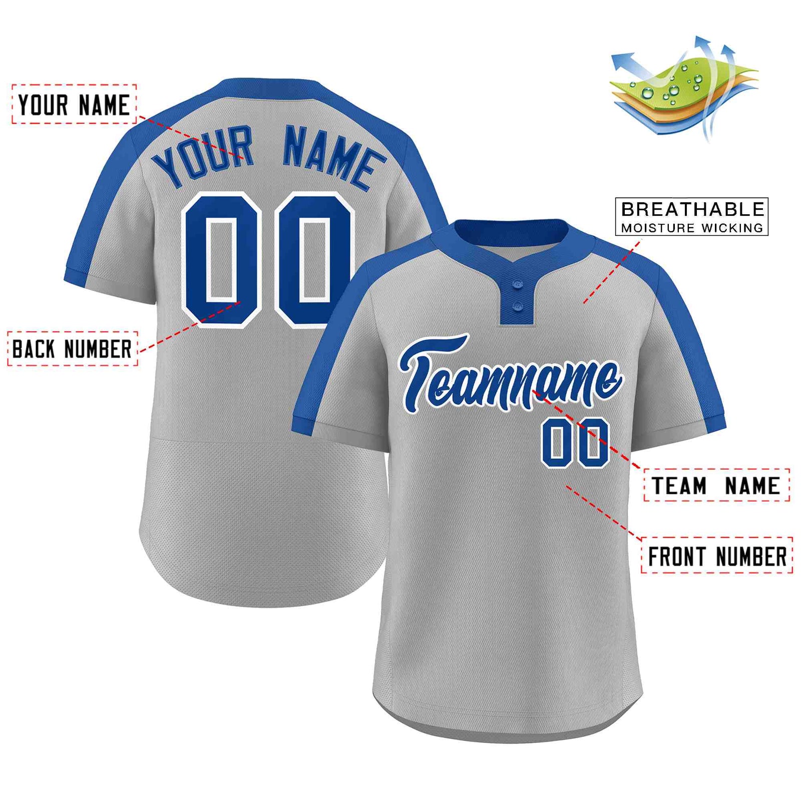 Custom Gray Royal-White Classic Style Authentic Two-Button Softball Jersey
