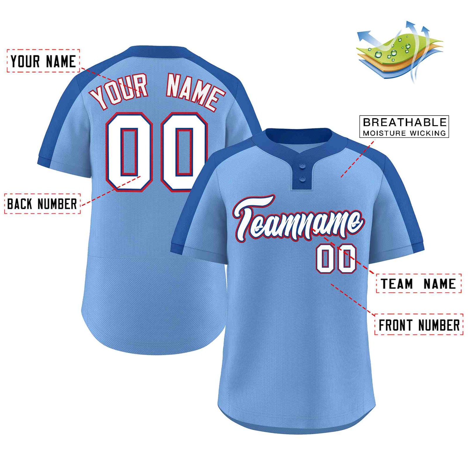 Custom Light Blue White-Royal Classic Style Authentic Two-Button Softball Jersey