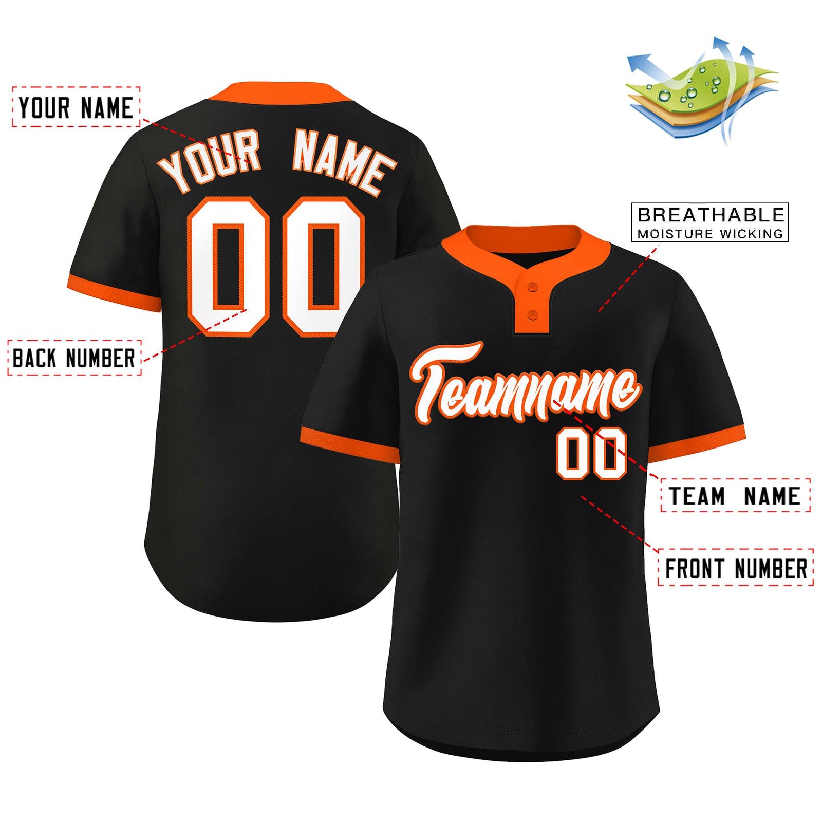 Custom Black White-Orange Classic Style Authentic Two-Button Softball Jersey
