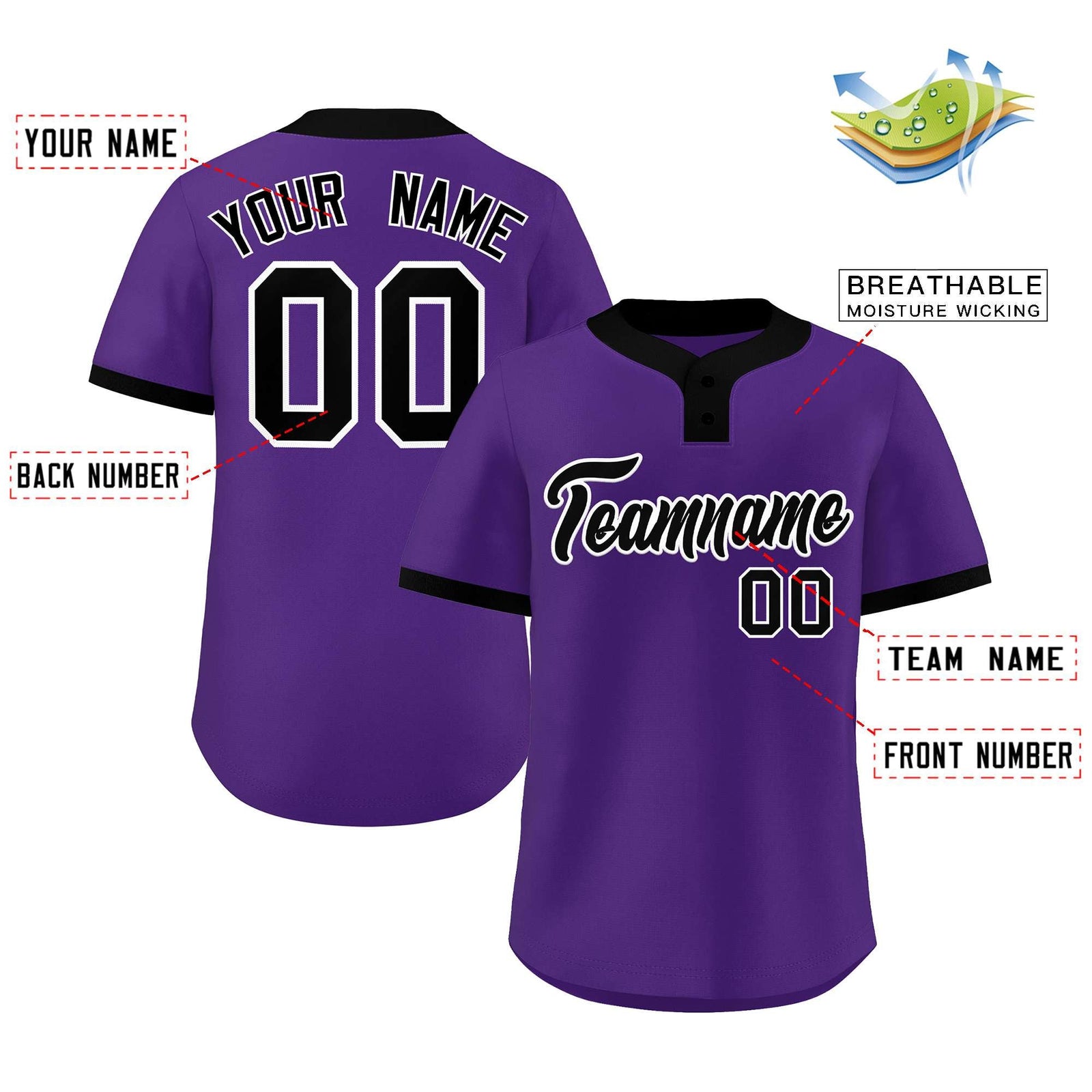 Custom Purple Black-White Classic Style Authentic Two-Button Softball Jersey