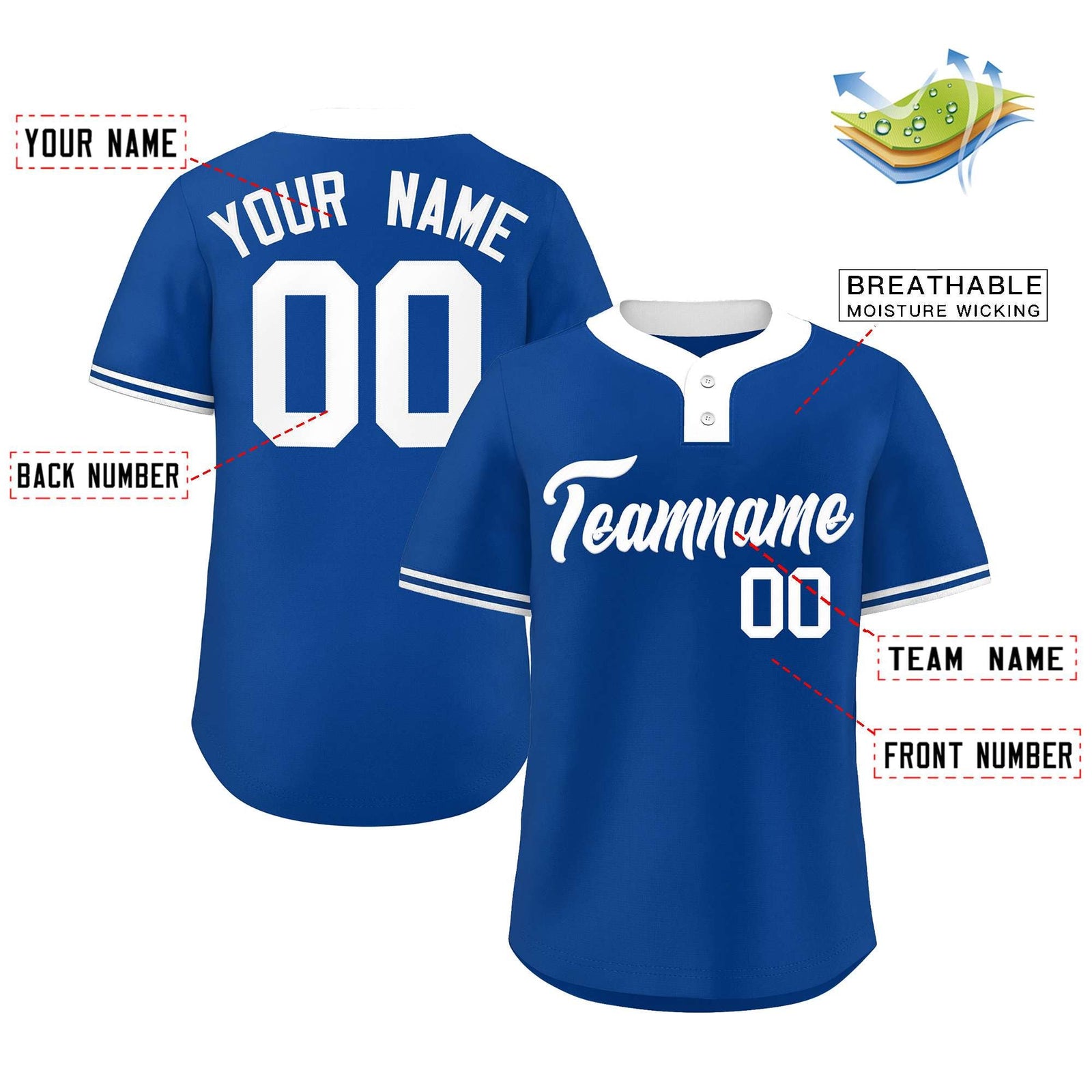 Custom Royal White Classic Style Authentic Two-Button Softball Jersey