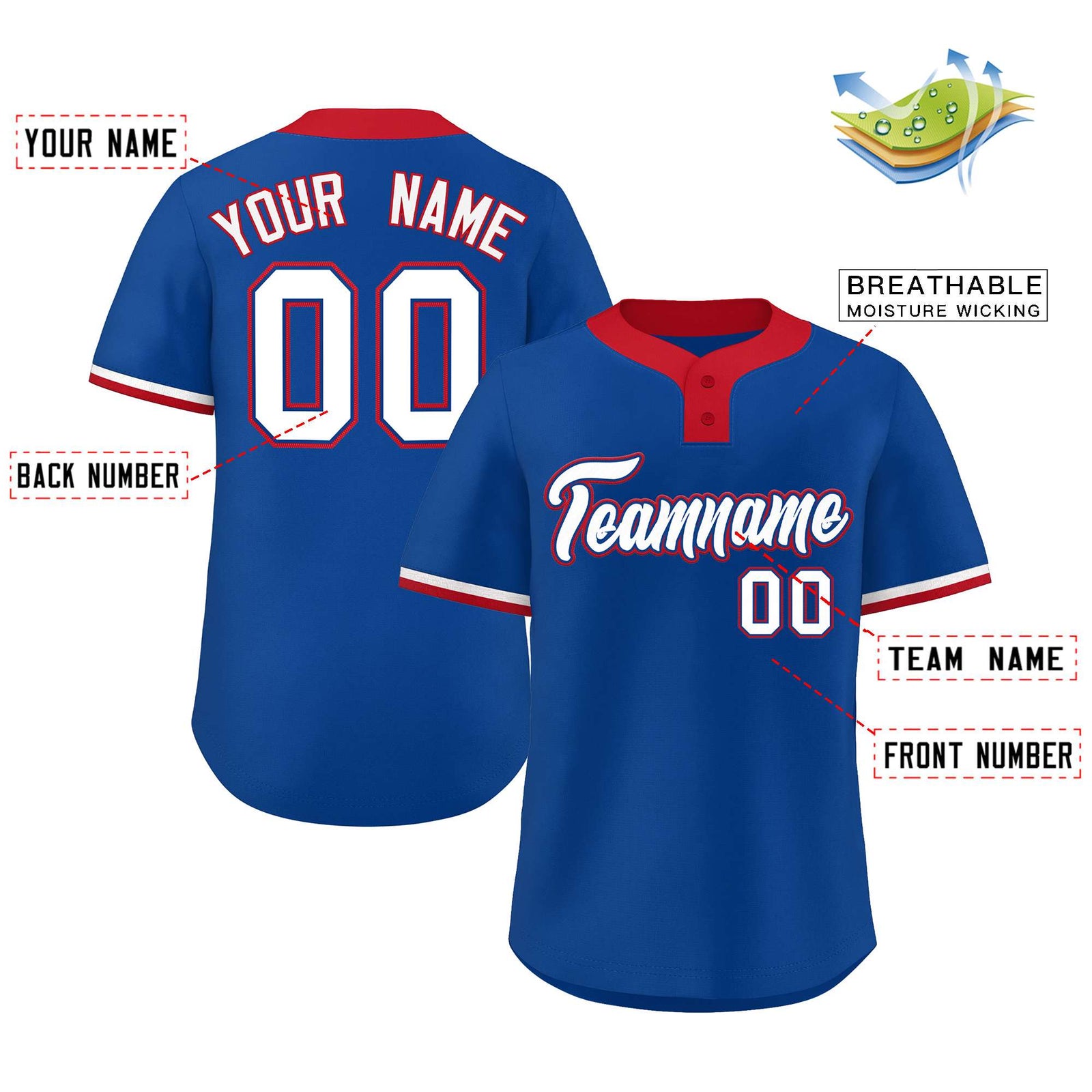 Custom Royal White-Red Classic Style Authentic Two-Button Softball Jersey