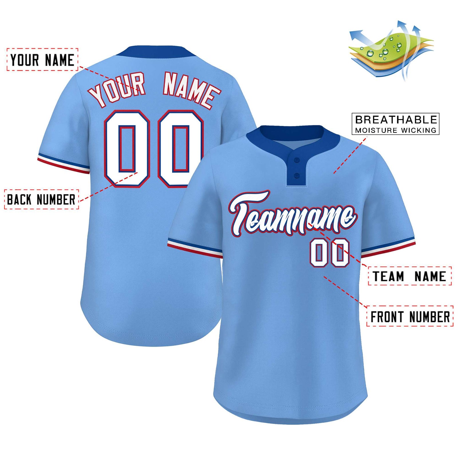 Custom Light Blue White-Red Classic Style Authentic Two-Button Softball Jersey