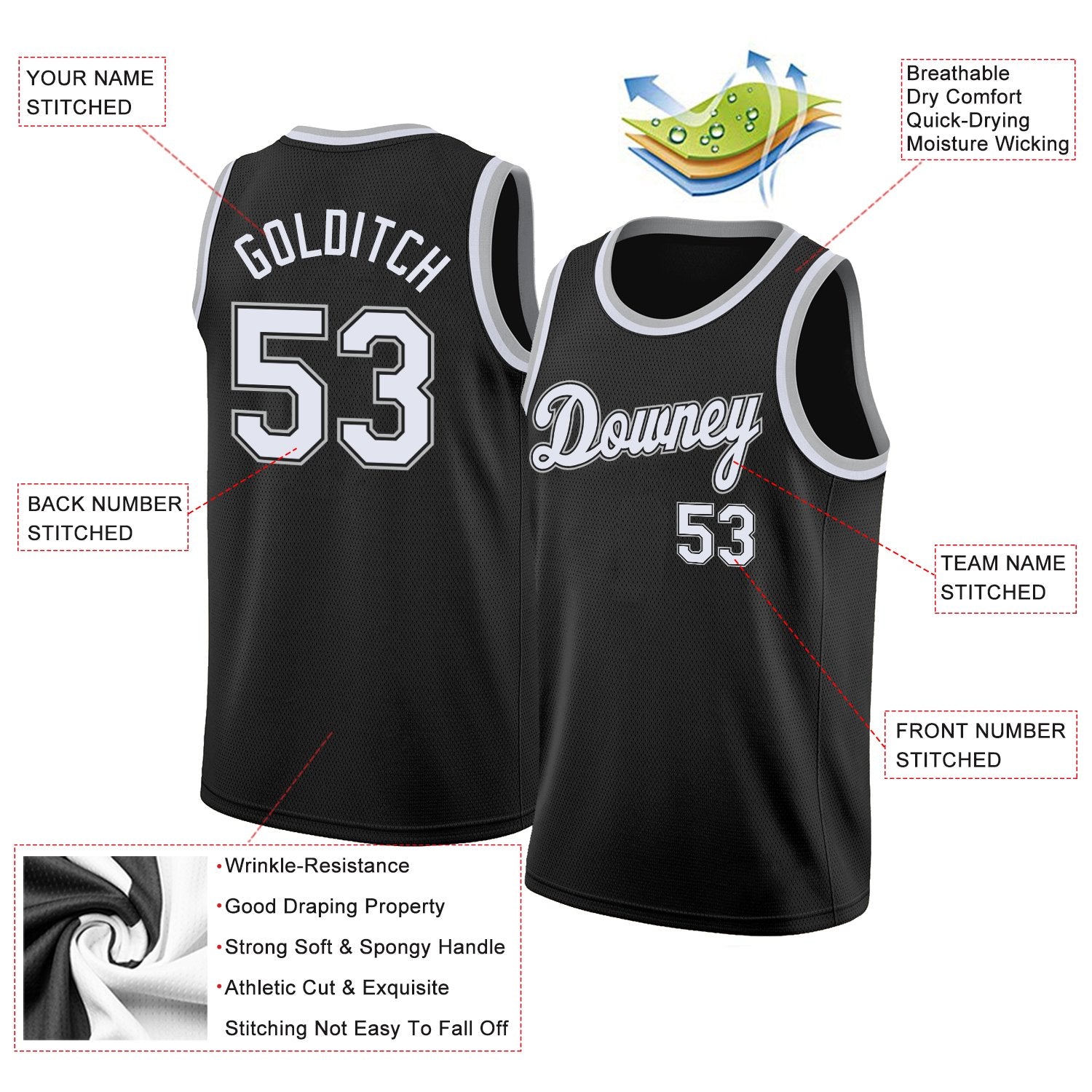 Custom Black White-Gray Classic Tops Breathable Basketball Jersey