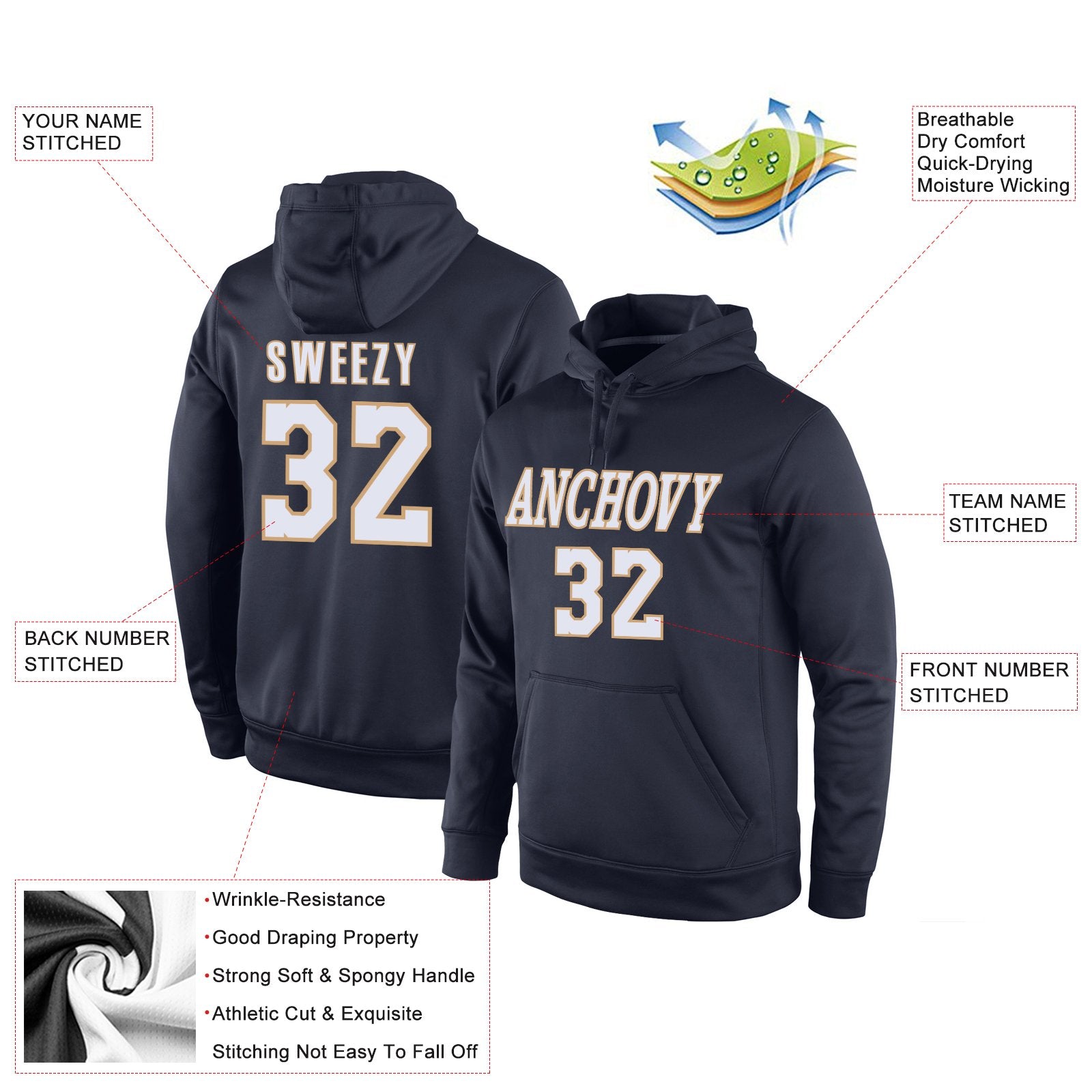 Custom Navy White-Old Gold Classic Style Uniform Pullover Fashion Hoodie