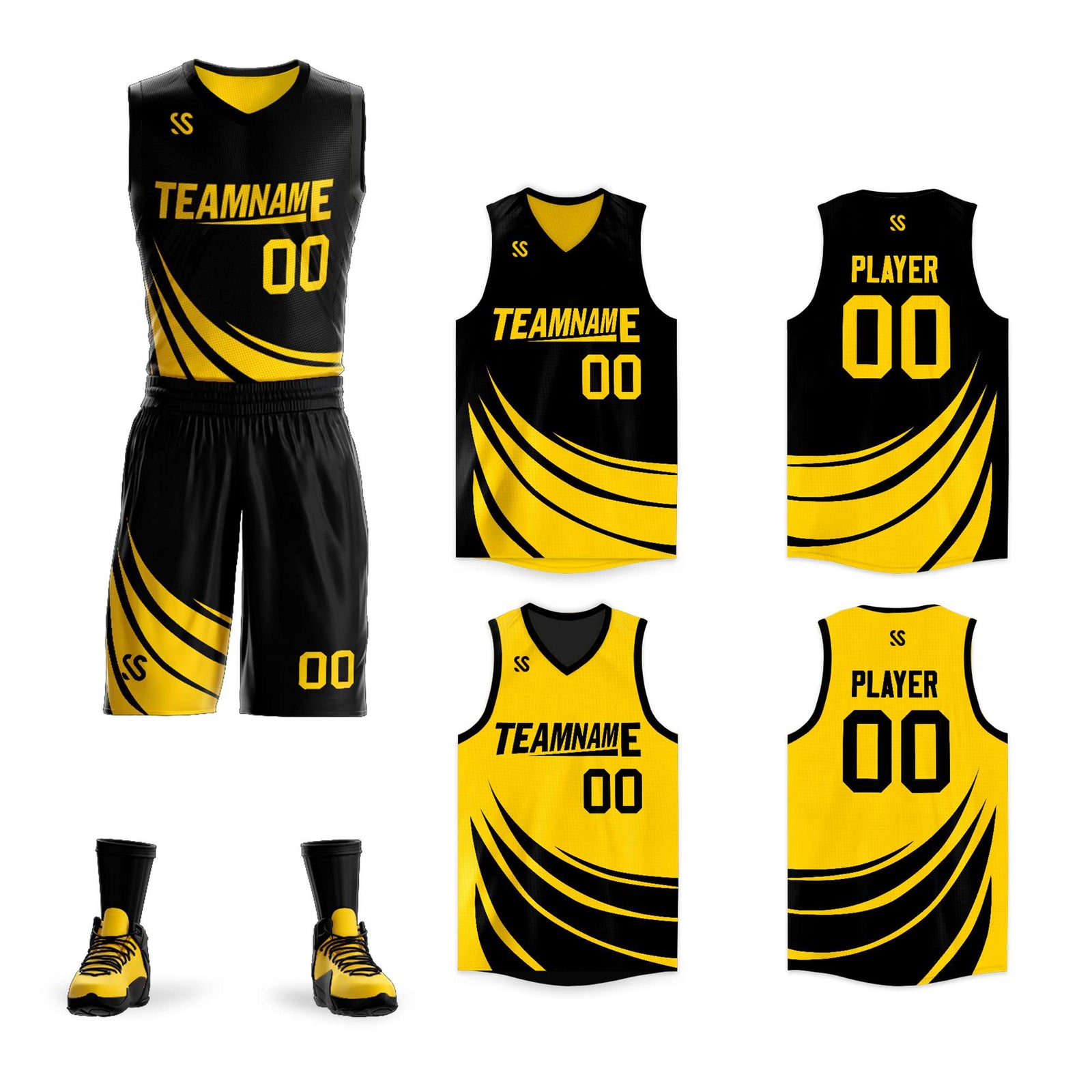 black and yellow basketball jersey-reversible basketball jersey