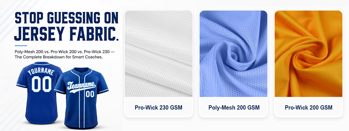kxk custom baseball jersey fabric comparison showing Pro-Wick 230, Poly-Mesh 200, Pro-Wick 200 GSM fabric textures and custom team uniforms