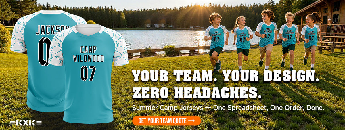 Custom summer camp jerseys for teams, featuring "Camp Wildwood" teal and white raglan design with personalized names and numbers, KXK custom sports apparel for youth camp groups