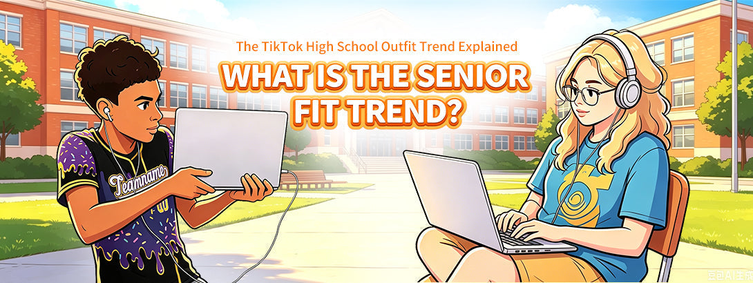 Cartoon illustration of two diverse high school students using laptops on a sunny campus, with the text "The TikTok High School Outfit Trend Explained: WHAT IS THE SENIOR FIT TREND?" displayed prominently