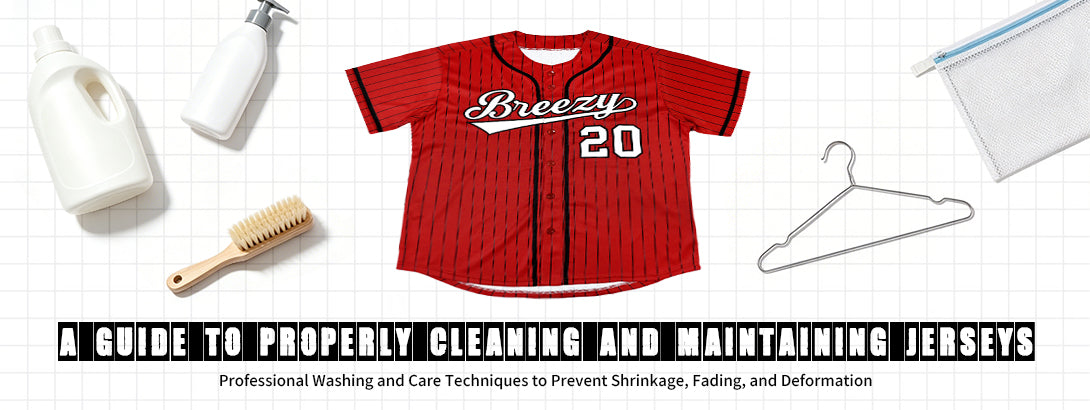 Guide to cleaning and maintaining custom baseball jerseys, with laundry detergent, brush, jersey, and care accessories