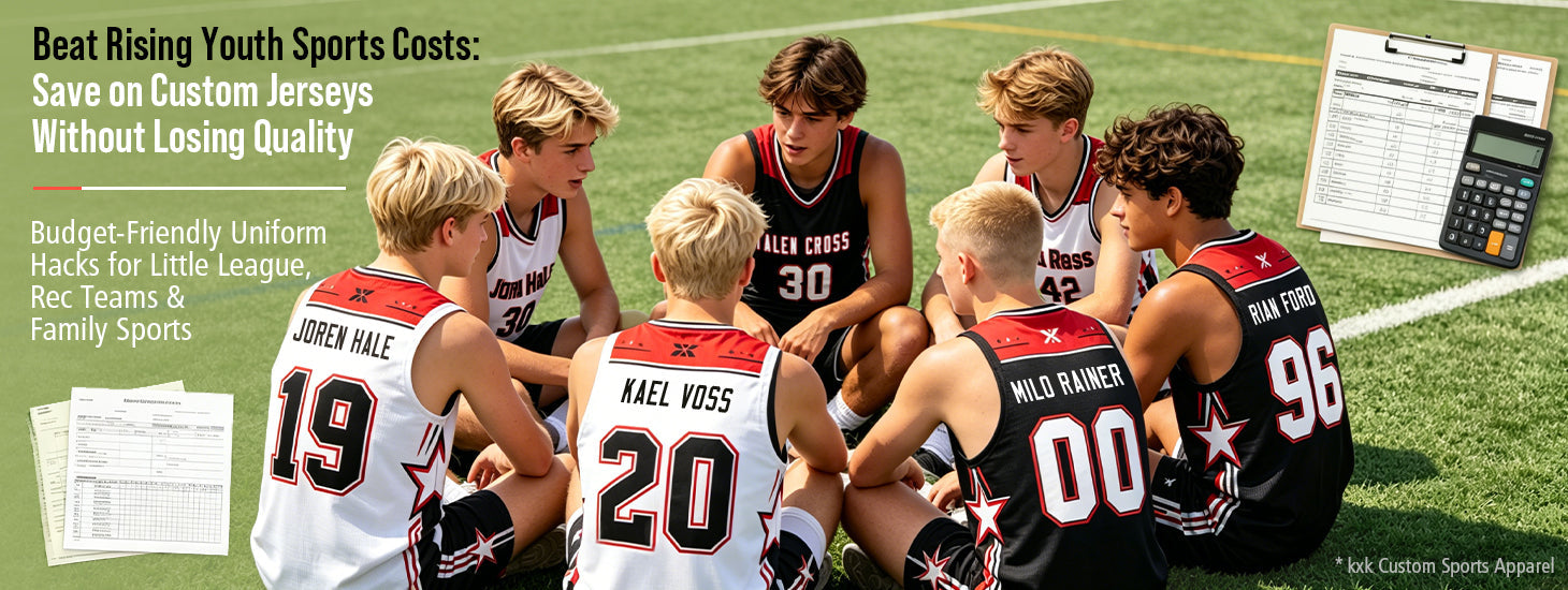 Youth basketball team highlighting affordable, high-quality custom jerseys to cut youth sports uniform costs for rec league and family sports groups