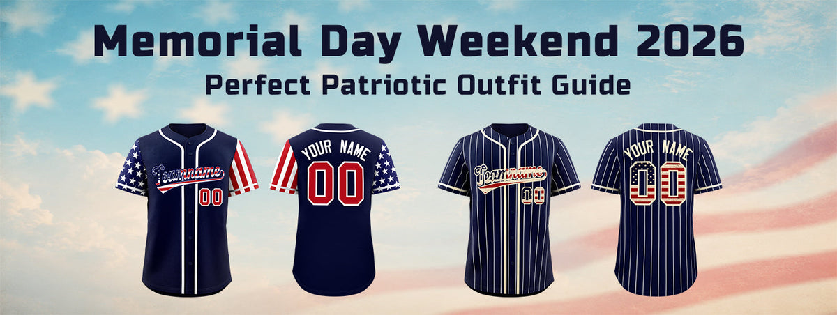 Memorial Day Weekend 2026 patriotic outfit guide featuring custom American flag baseball jerseys with personalized name and number, navy blue designs with stars and stripes