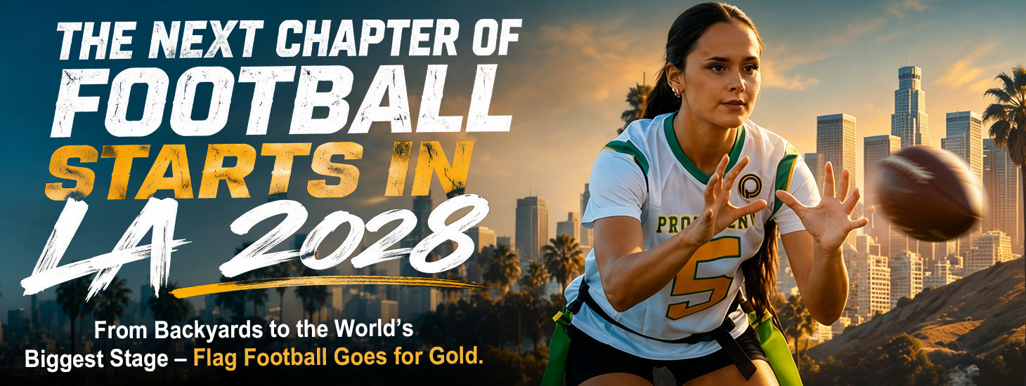 kxk custom flag football jersey banner, female flag football player against Los Angeles skyline, 2028 LA Olympic flag football promotion graphic