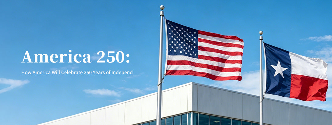 Texas state flag and United States flag flying on poles in front of a modern white building, with the text "America 250: How America Will Celebrate 250 Years of Independence" over a clear blue sky