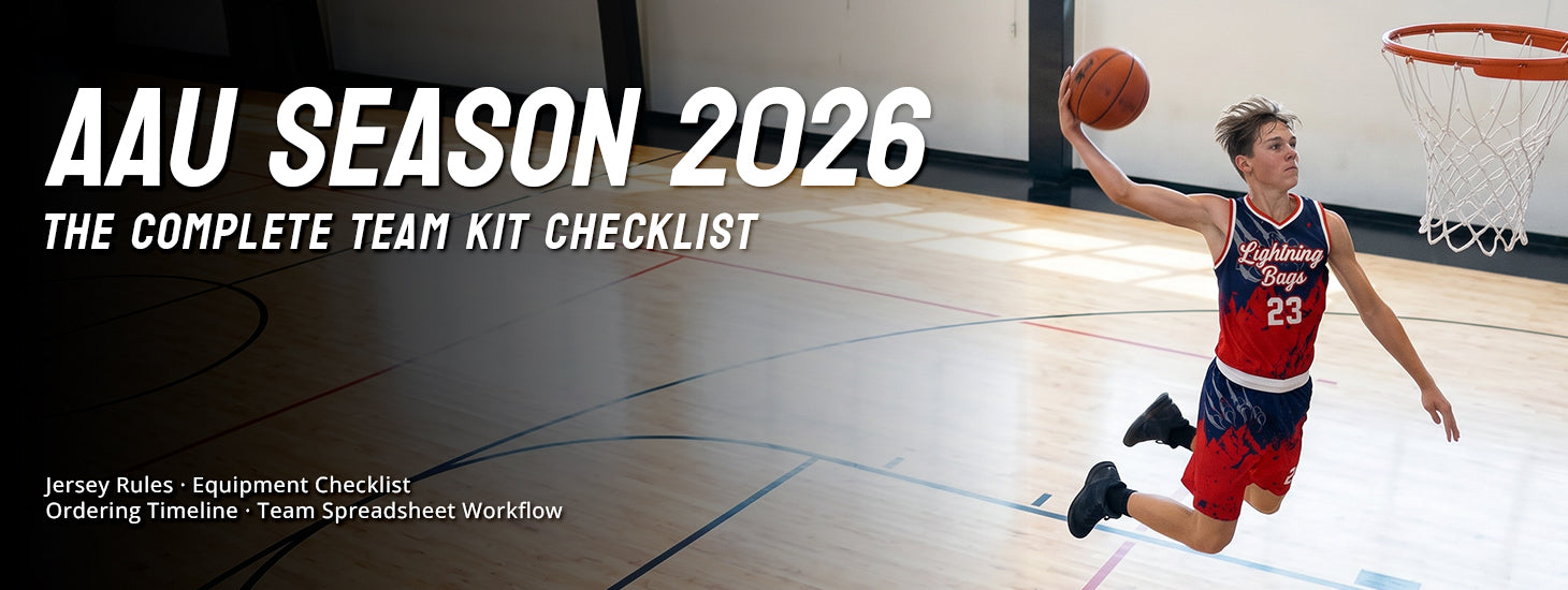KXK 2026 AAU Basketball Season complete team kit checklist banner, teen player dunking in custom sublimated jersey, jersey rules and team uniform ordering guide