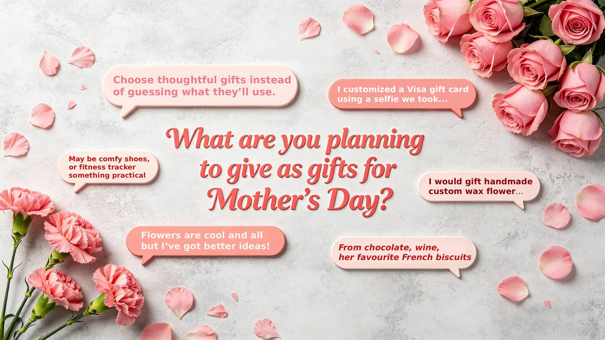 Mother's Day gift ideas graphic with pink mother and baby silhouette, featuring community suggestions like personalized gifts, practical items, flowers, and handmade bouquets