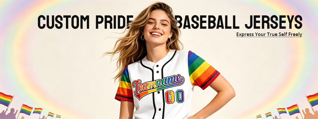 Custom pride month baseball jersey with rainbow sleeves, woman modeling LGBTQ pride outfit