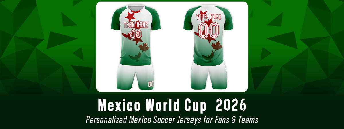 Custom Mexico 2026 World Cup soccer jersey with personalized name and number, green and white gradient design with maple leaf and stars, front and back view