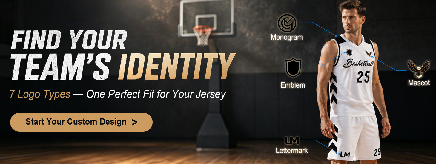 KXK custom basketball jersey, Find Your Team’s Identity, 7 logo styles including monogram, emblem, lettermark and mascot for personalized team uniforms, custom sportswear design service on indoor basketball court