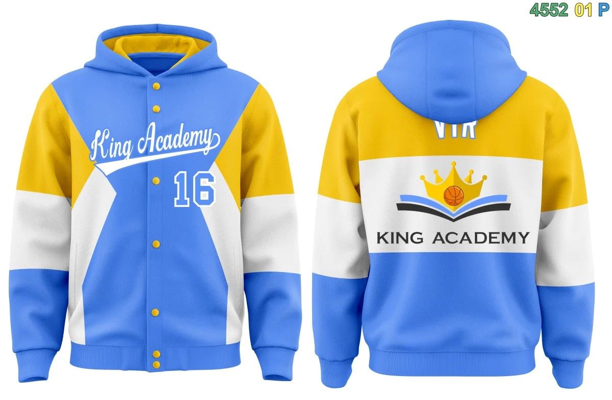 Fans-Made | Custom Powder Blue Gold-White Color Block Varsity Full-Snap Letterman Jacket Hoodie