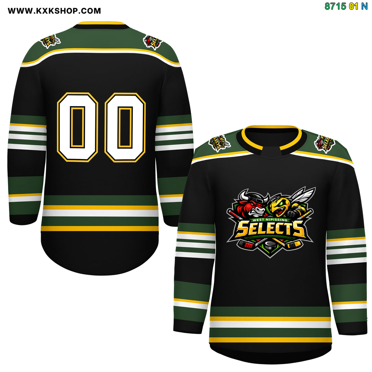 Custom Black West Nipissing Selects Personalized Round-Neck Hockey Jersey