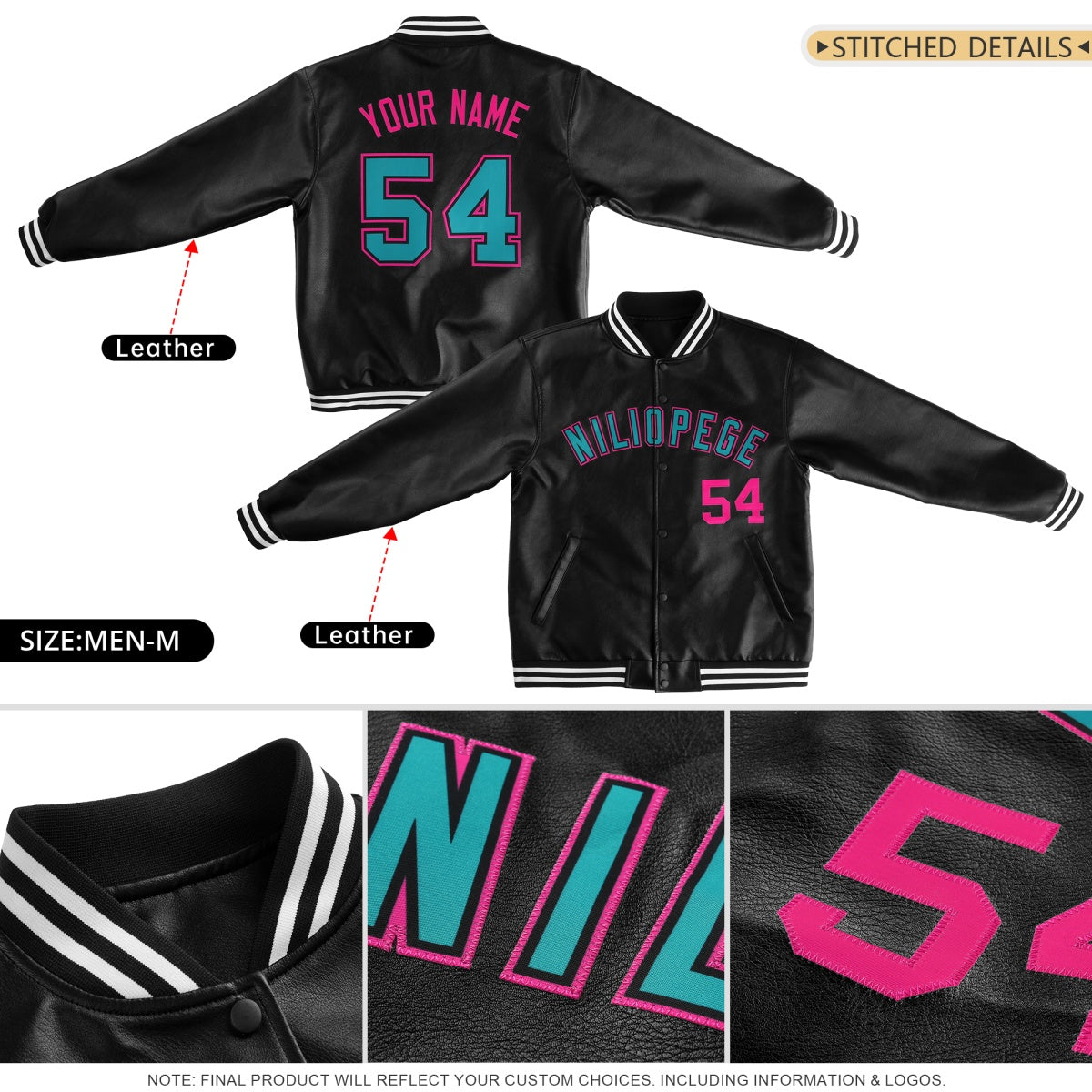 Custom Black Orange White Full-Snap Varsity Faux Leather Letterman Jacket| KXKSHOP