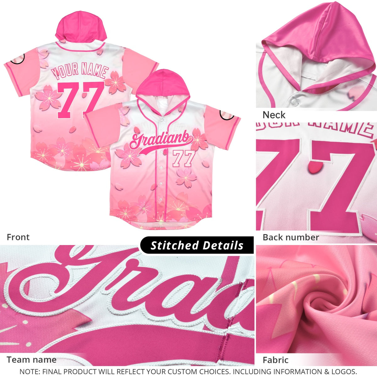 Custom Hooded Baseball Jersey | Pink Light Green Cherry Blossom Personalized Name &amp; Number Sport Jersey