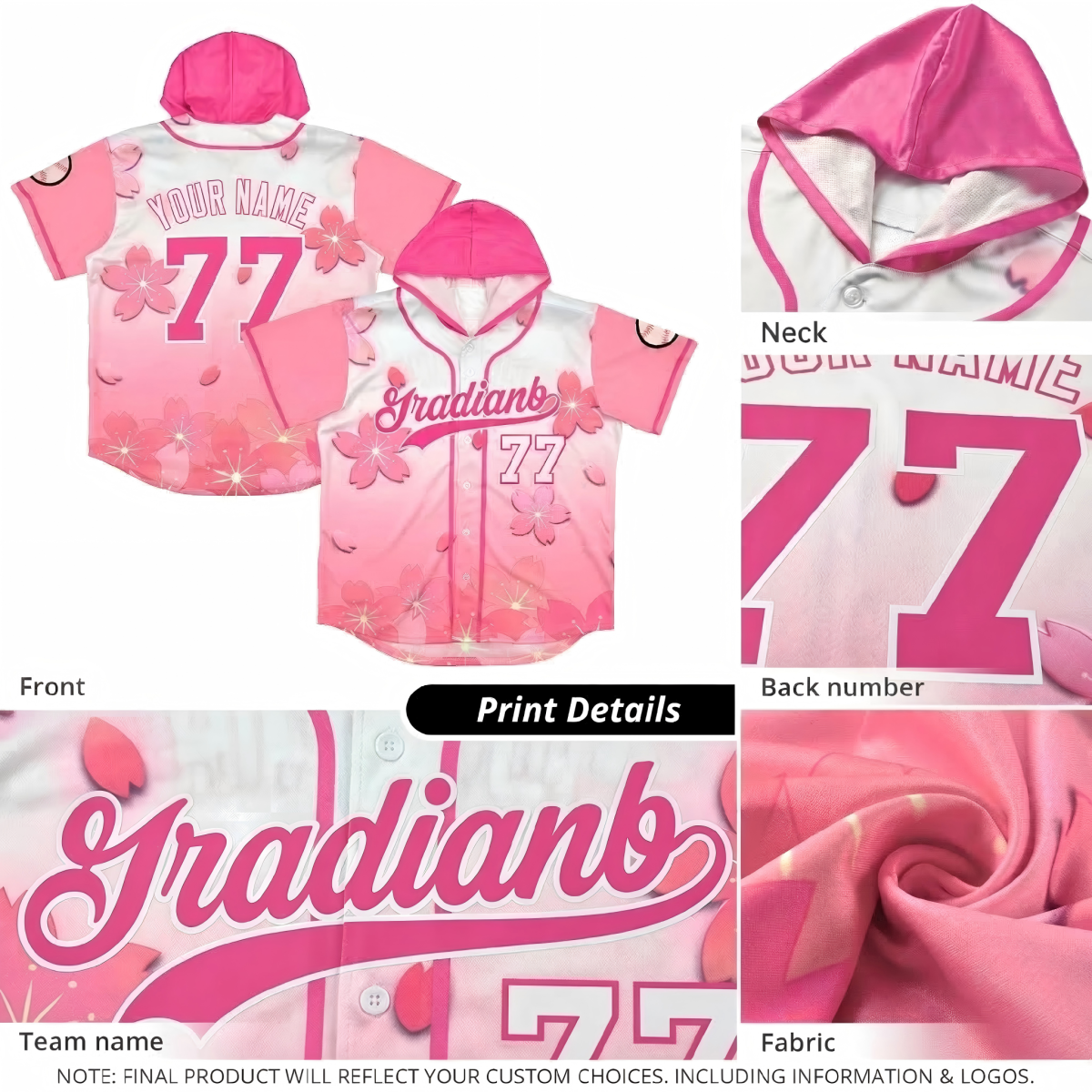 Custom Hooded Baseball Jersey | Pink Purple Cherry Blossom Breathable Athleisure Streetwear