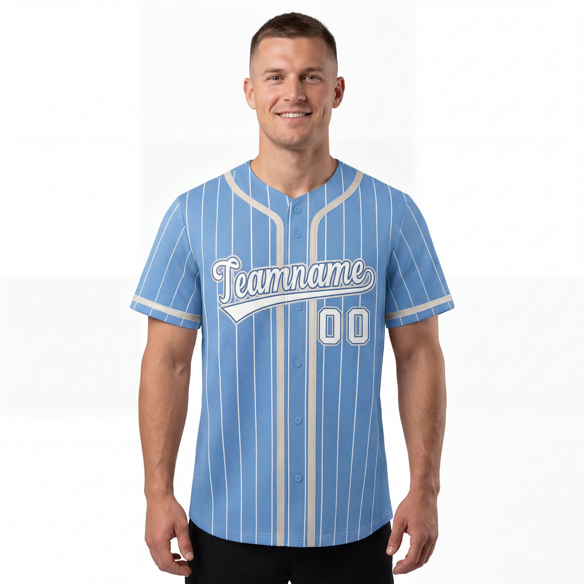 Custom Light Blue White Stripe Fashion Design Full Button Authentic Baseball Jersey For Men