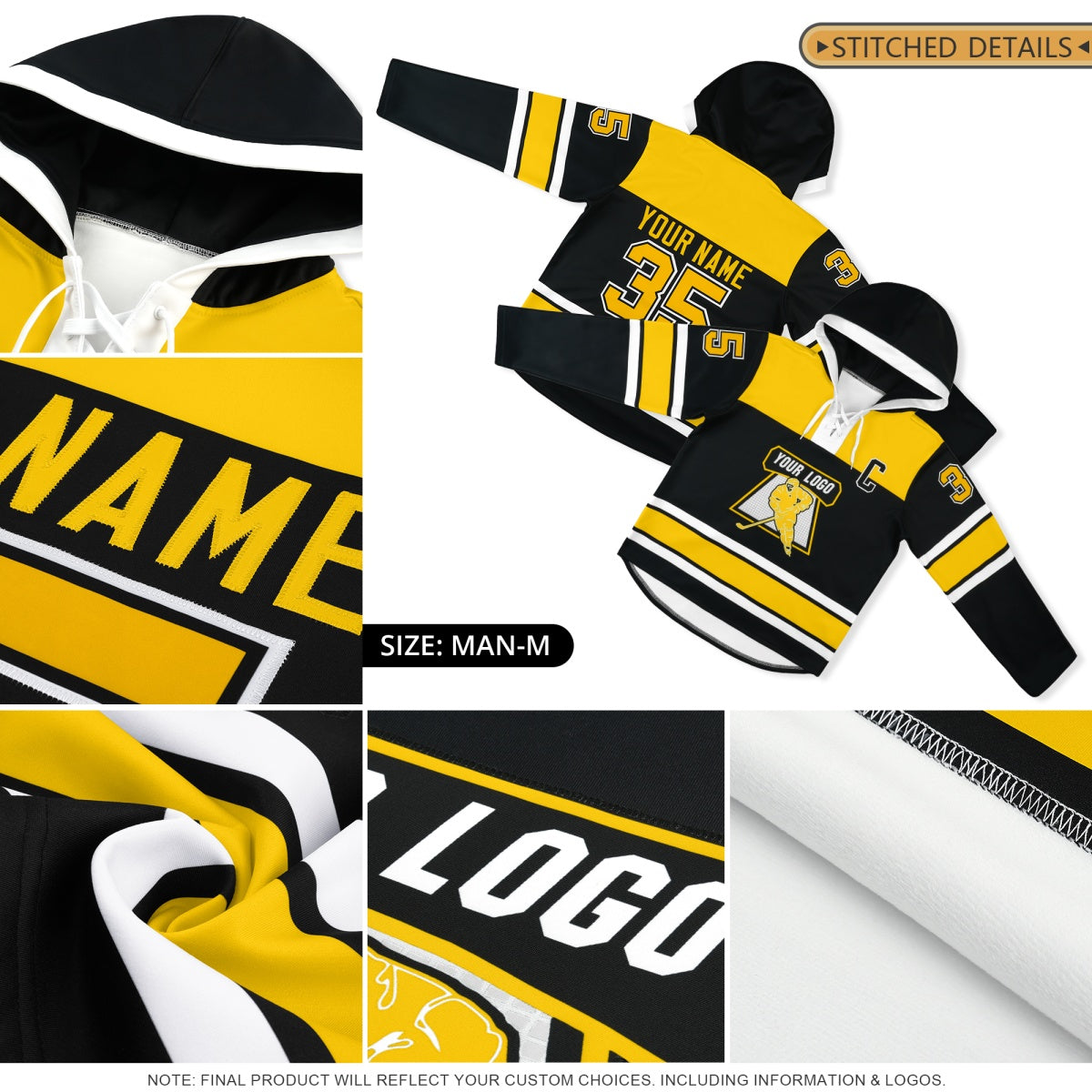 Custom Hockey Hoodie Jersey Black Old Gold Classic Style for Men&amp;Youth