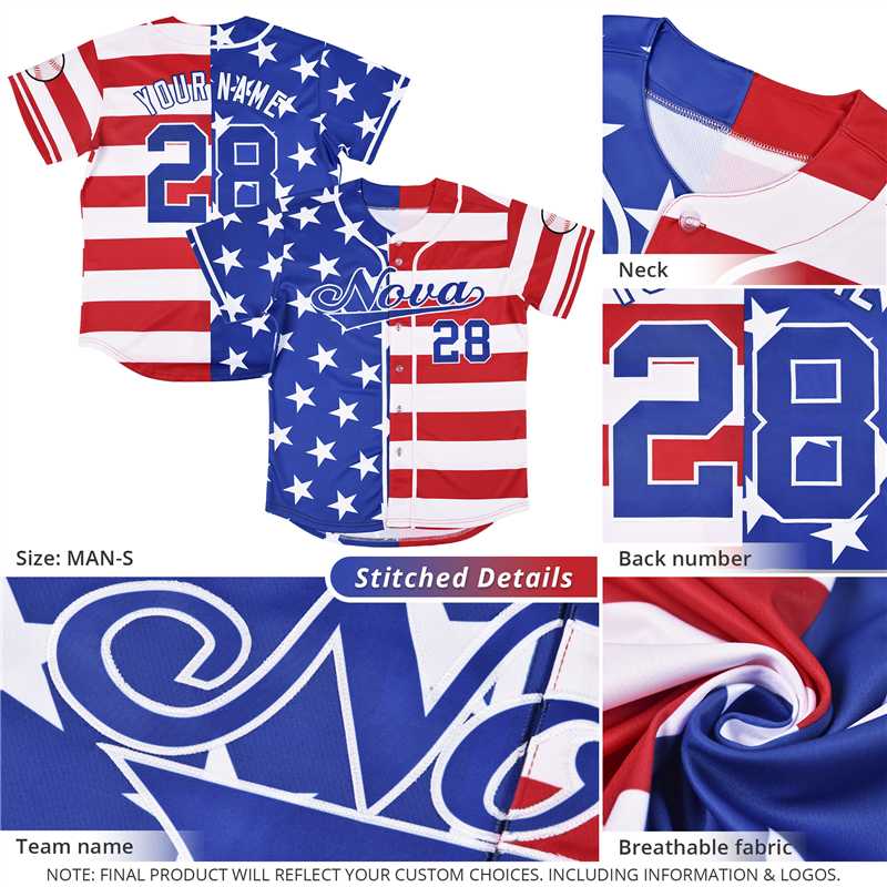Custom Royal Blue Red White American Flag Graffiti Pattern Split Fashion Independence Day Stretch Fabric Baseball Jersey| KXKSHOP