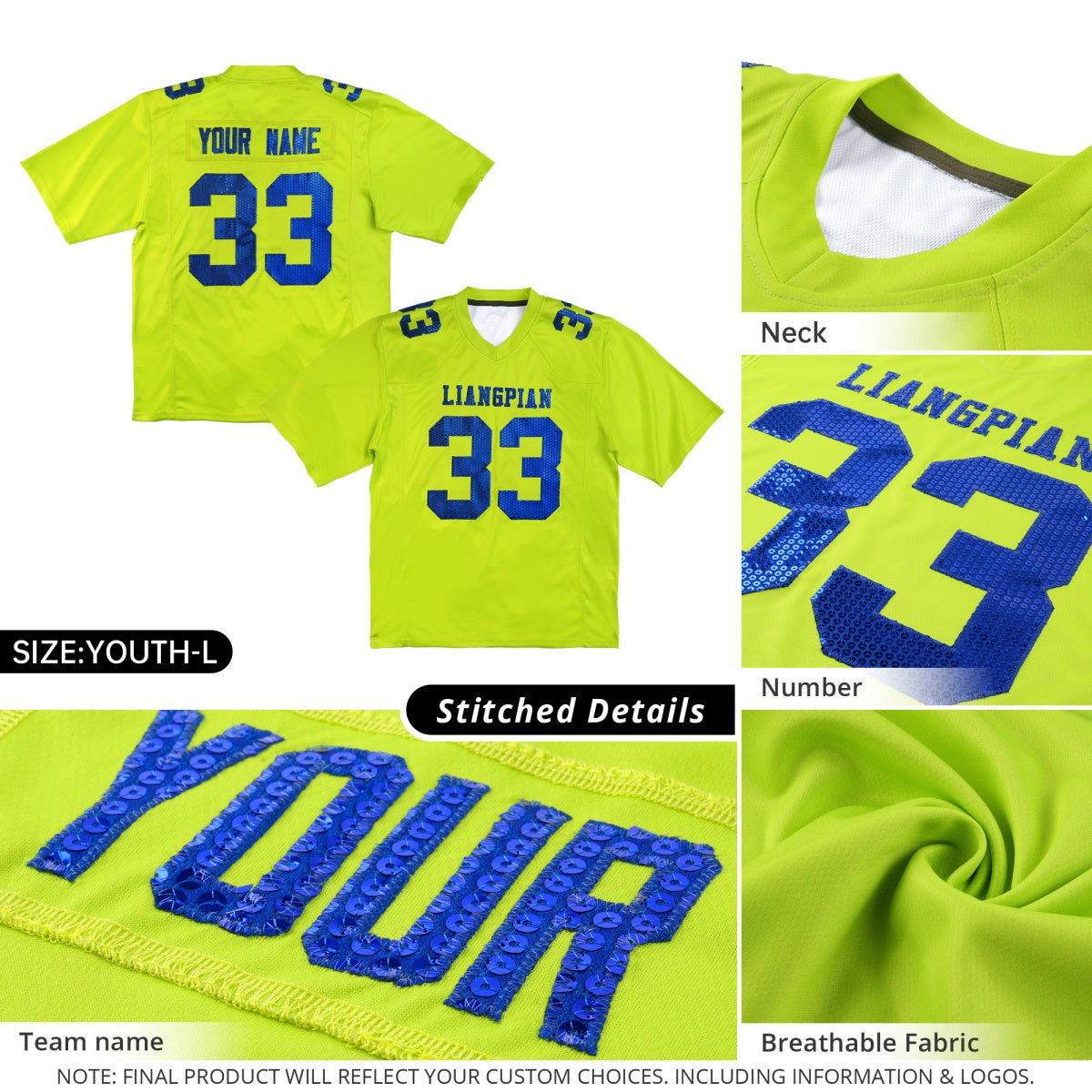 Custom Neon Green Light Pink sequin lettering Moisture-Wicking Football Jersey| KXKSHOP