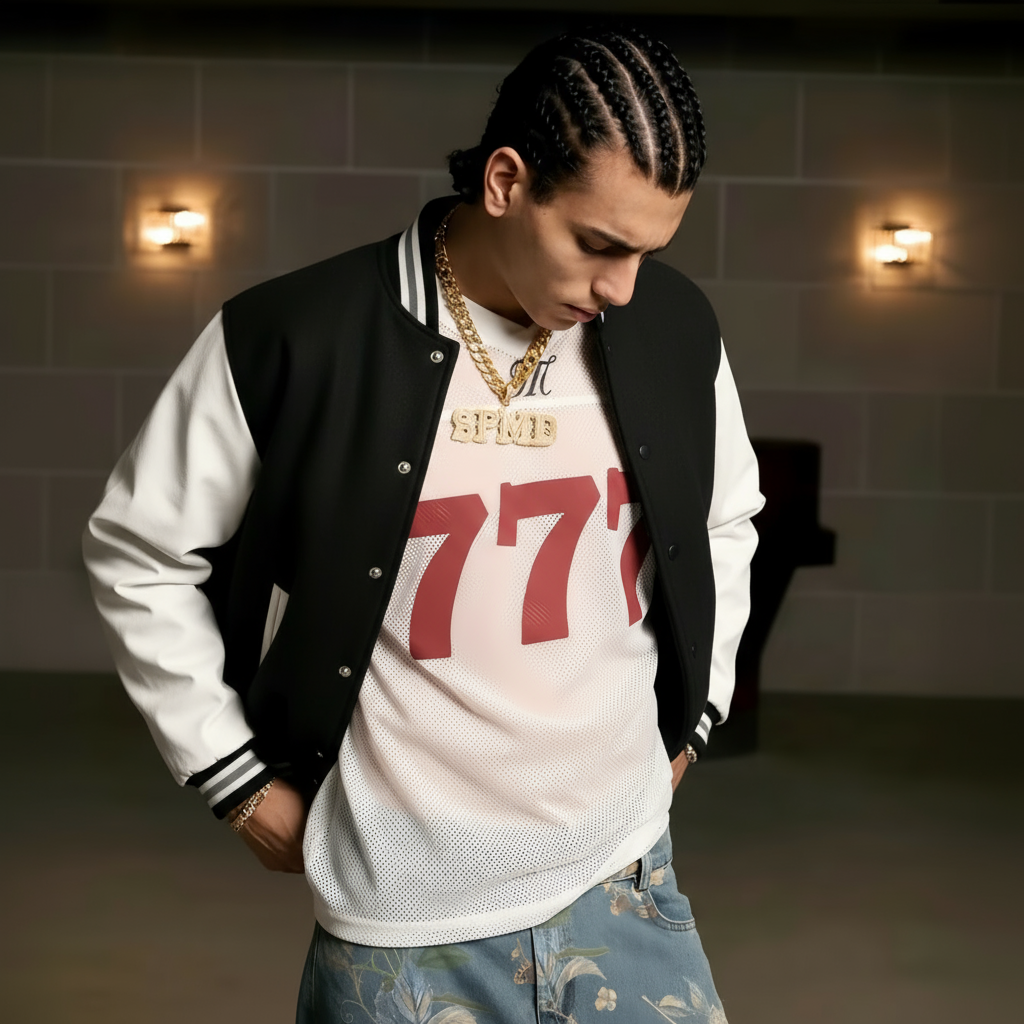 Black White Raglan Sleeves Varsity Full-Snap Letterman Jacket For Men