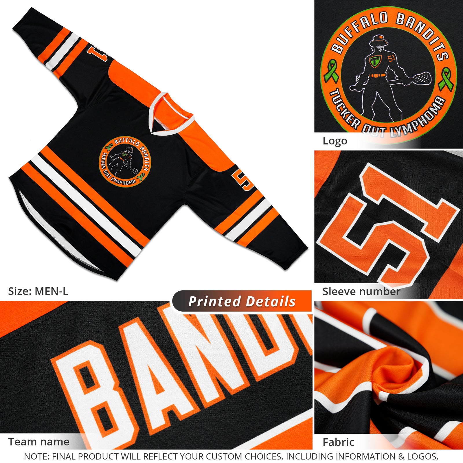 Custom Black Orange-White Personalized Classic V-Neck Hockey Jersey
